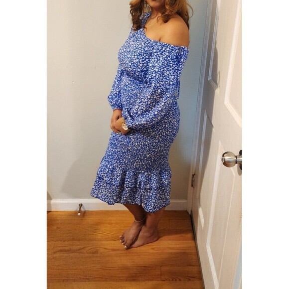 Women's Ditsy Floral Print Asymmetrical Neck Lantern Sleeve Mermaid Hem … - Picture 3 of 9